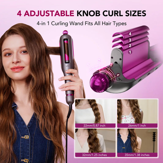 SKG Waveflex 4-In-1 Adjustable Hair Waver Crimper – Beach Waves Curling Wand, Mermaid Hair Style, Ceramic 4 Barrel Sizes, 5 Temp Settings & Negative Ionic Care, Fast Heat-Up, Safe and Easy to Use