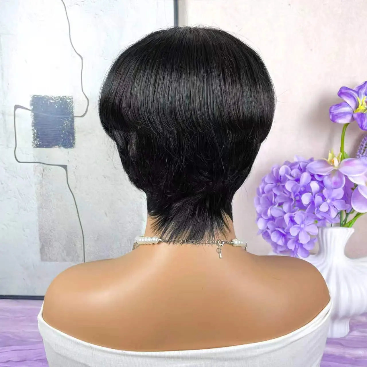 Women'S Pixie Cut Wig with Bangs Glueless Wig Rose Net Short Layered Straight Haircut Machine-Made for Daily & Party & Holiday Wear
