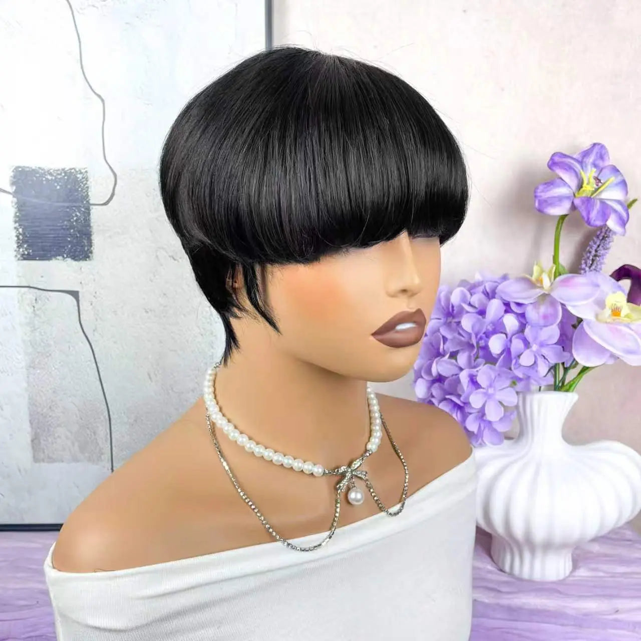 Women'S Pixie Cut Wig with Bangs Glueless Wig Rose Net Short Layered Straight Haircut Machine-Made for Daily & Party & Holiday Wear