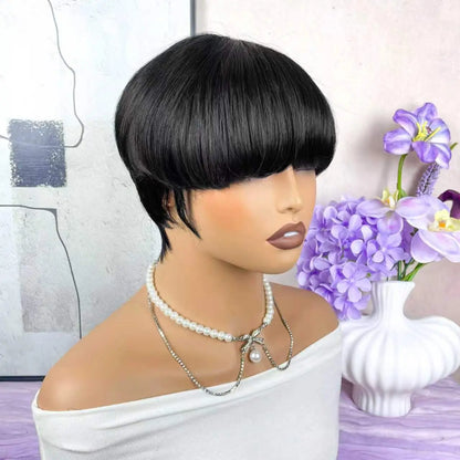 Women'S Pixie Cut Wig with Bangs Glueless Wig Rose Net Short Layered Straight Haircut Machine-Made for Daily & Party & Holiday Wear