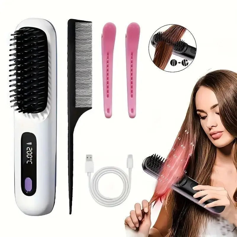 2026 Upgraded Straight Hair Comb, Portable Fashion Lazy Straightener, USB Rechargeable Flat Iron Clip, Wireless Straightening & Curling Comb