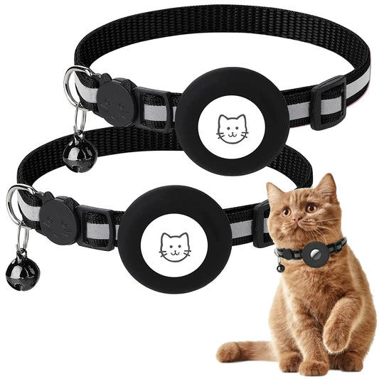 Secure and Stylish: 2 Pack Reflective Breakaway Airtag Cat Collar with GPS Holder and Bell for Cats and Small Dogs - Black