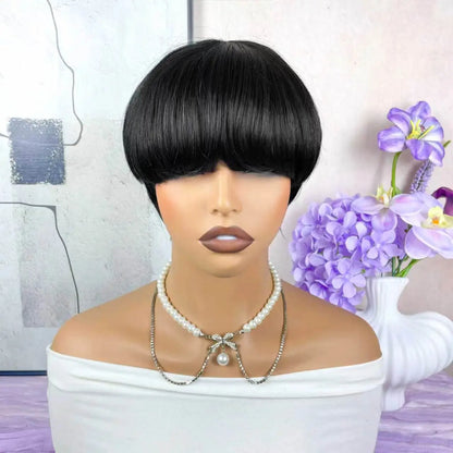 Women'S Pixie Cut Wig with Bangs Glueless Wig Rose Net Short Layered Straight Haircut Machine-Made for Daily & Party & Holiday Wear
