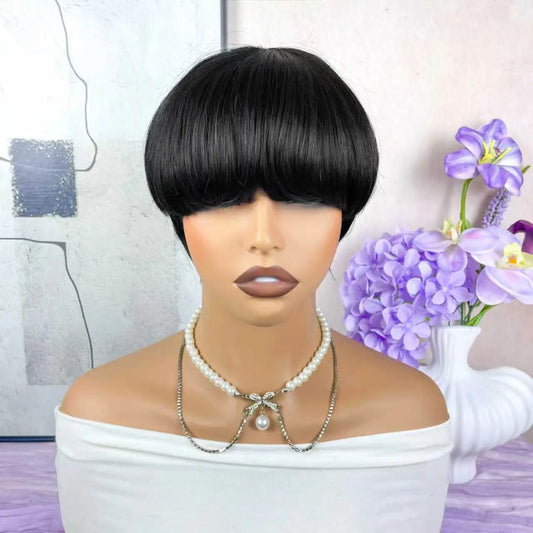 Women'S Pixie Cut Wig with Bangs Glueless Wig Rose Net Short Layered Straight Haircut Machine-Made for Daily & Party & Holiday Wear